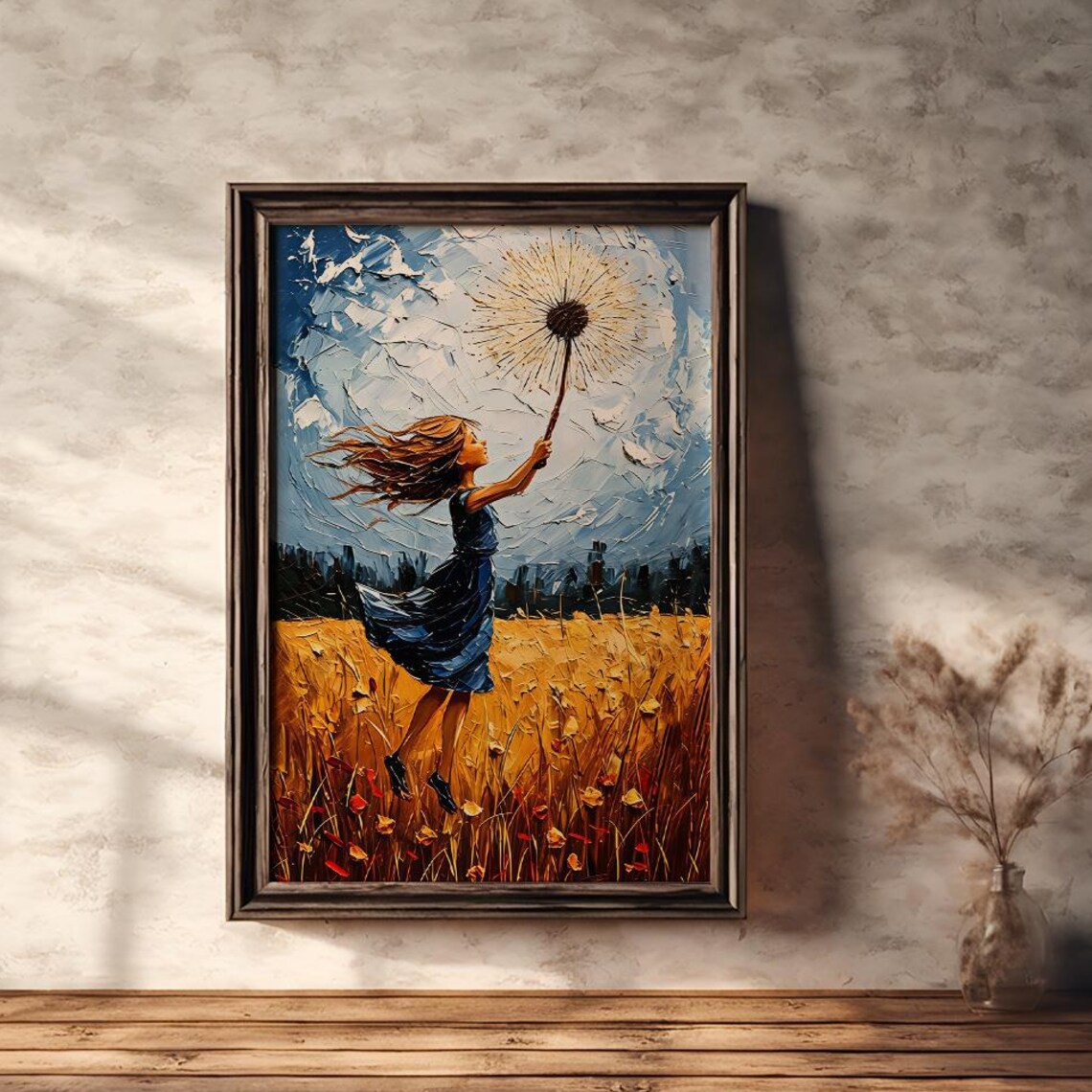 Girl Dancing in Wheat Field With Dandelion Dreamy Art Poster