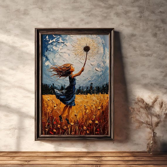 Girl In The Field Wall Art Girl Flying In Nature Blue Sky Dreamy Wheat Field Art Vibrant Colors And Natural Landscape Art Print For Home