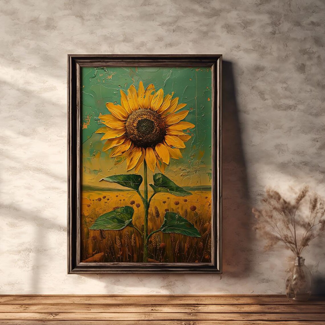 Tall Sunflower Against Green Sky Vintage Botanical Art Poster