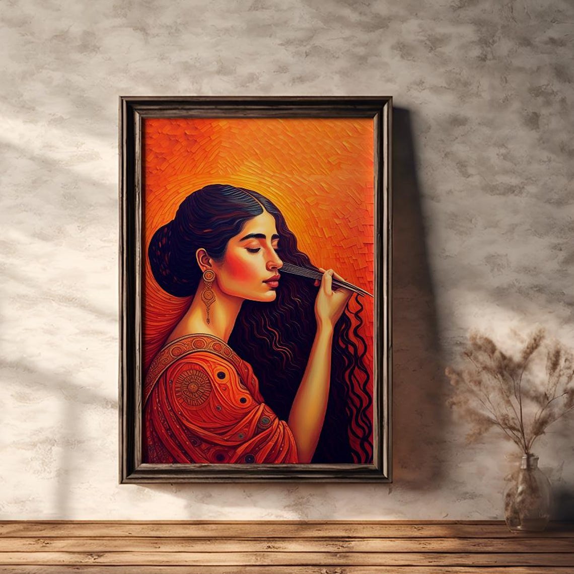 Woman Combing Long Dark Hair Warm Bohemian Portrait Art Poster