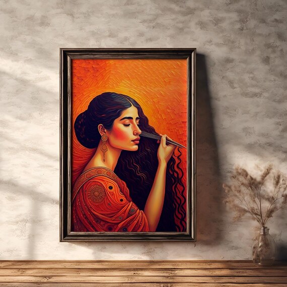 Woman Combing Long Dark Hair Warm Bohemian Portrait Art Poster