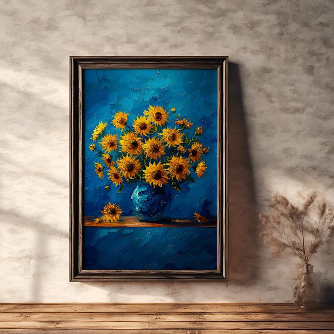Sunflowers in Blue Vase on Cobalt Blue Background Oil Poster