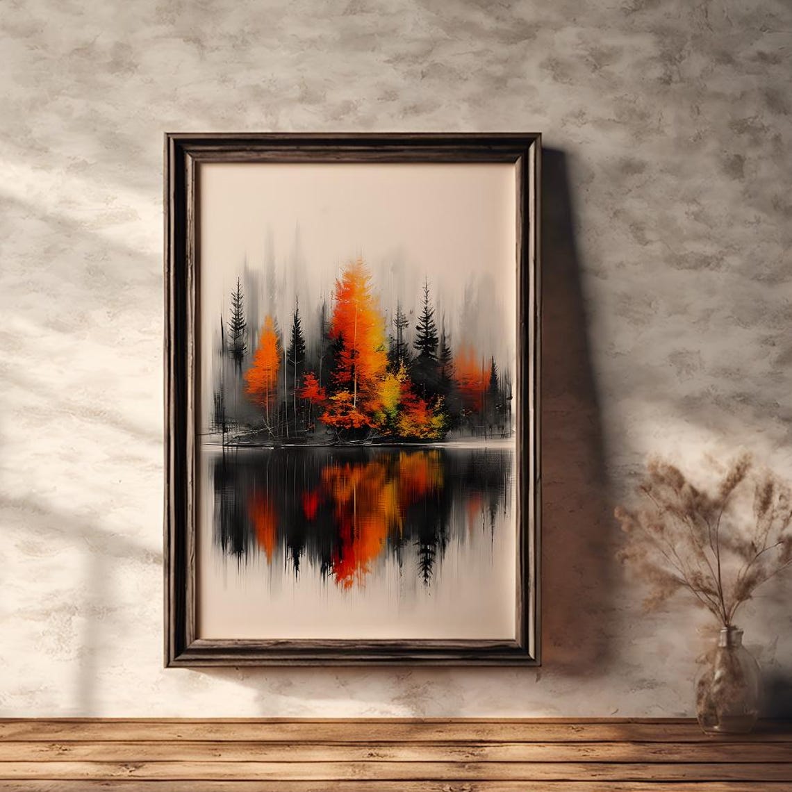Autumn Forest Reflection in Still Lake Ink Style Nature Poster