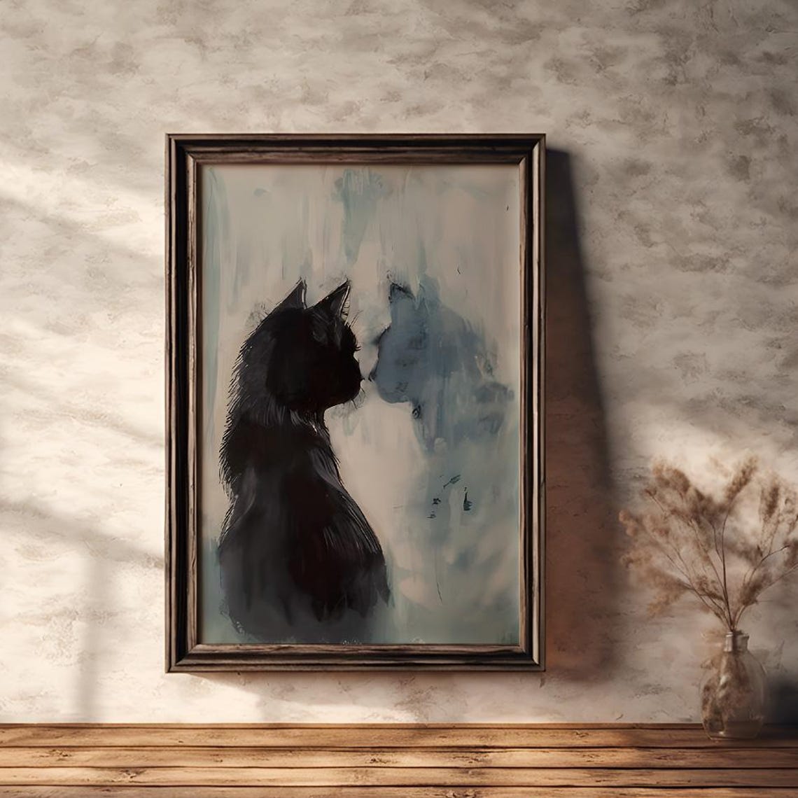 Black Cat Gazing at Mirror Reflection Soft Watercolor Art Poster