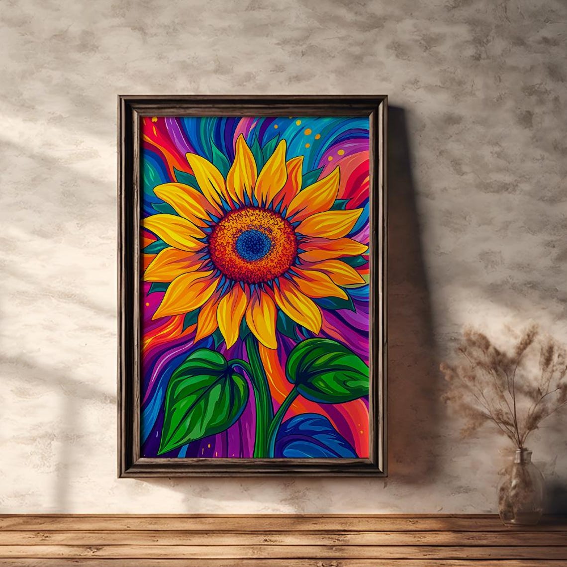 Psychedelic Sunflower in Bold Rainbow Colors Vibrant Art Poster