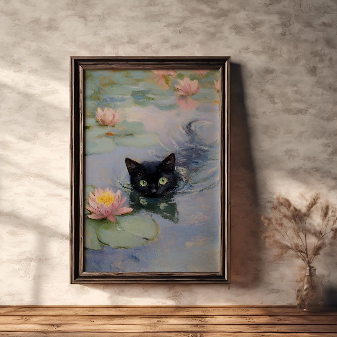 Black Cat Swimming Among Pink Water Lilies Impressionist Poster
