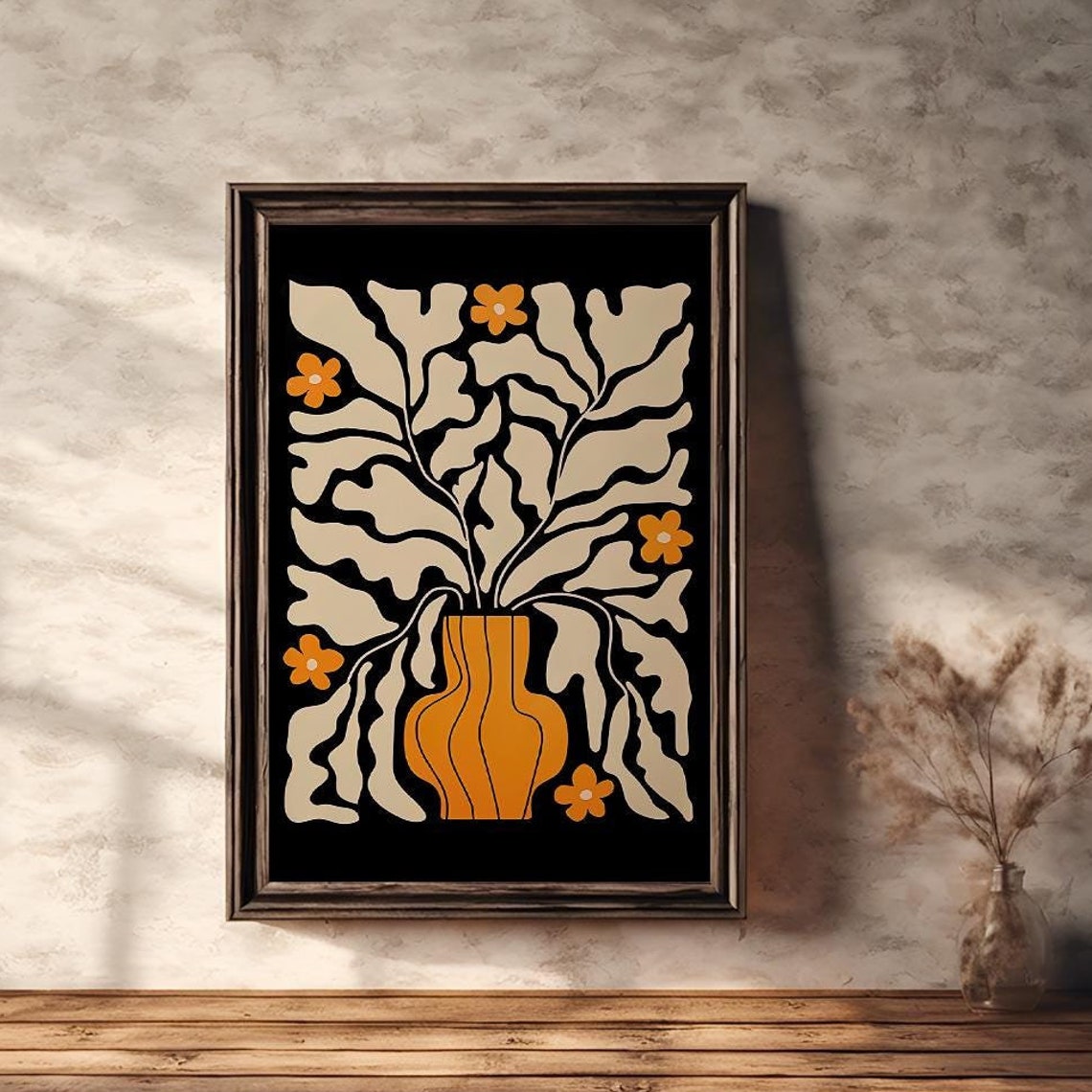 Minimalist Orange Vase with Abstract Botanical Leaves Art Poster