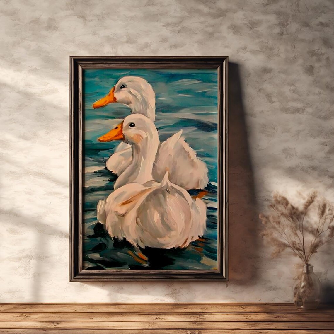 Two White Ducks Swimming in Teal Water Expressive Oil Painting Poster