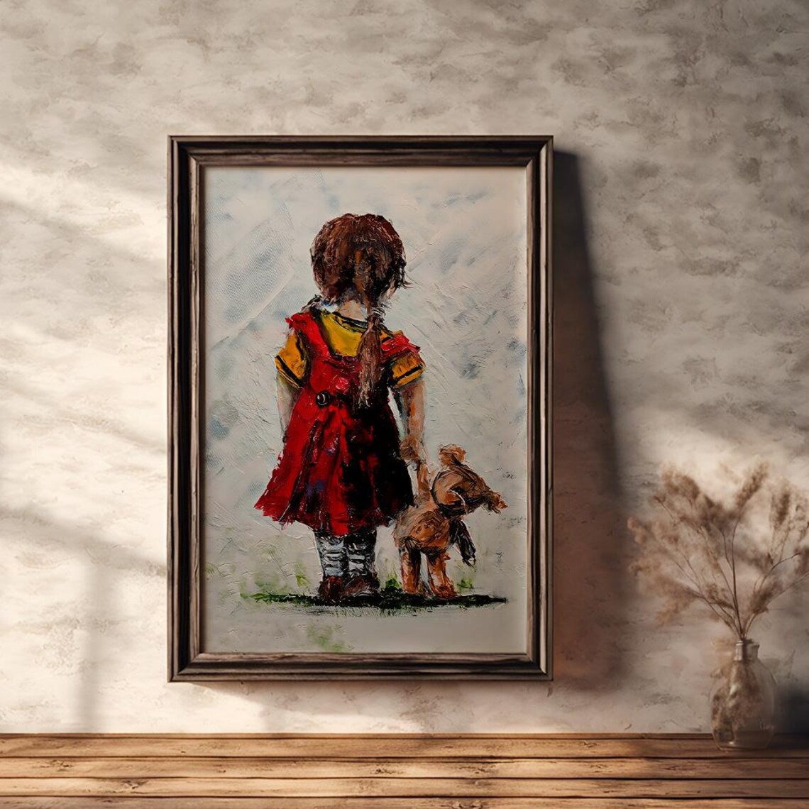 Little Girl in Red Dress With Teddy Bear Nostalgic Art Poster