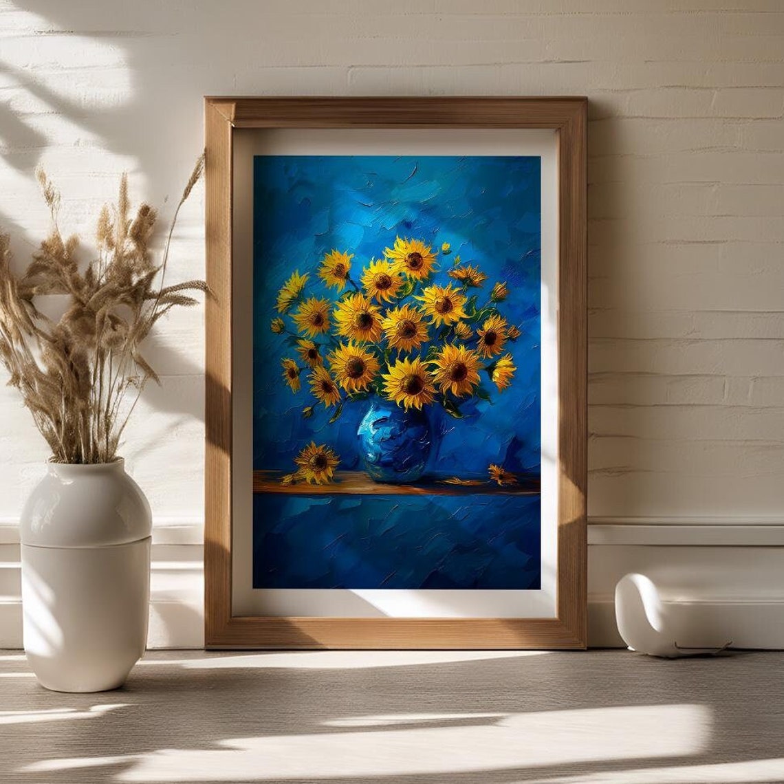 Sunflowers in Blue Vase on Cobalt Blue Background Oil Poster - Image 3