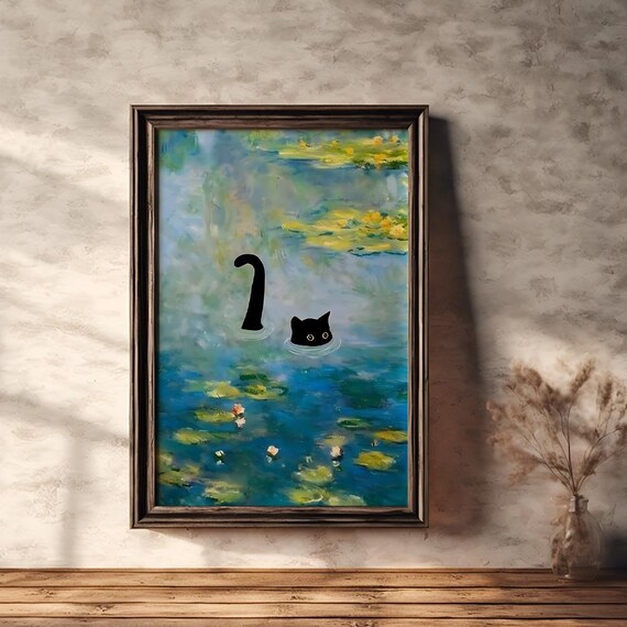 Playful Black Cat Swimming in Lily Pond Monet Style Art Poster