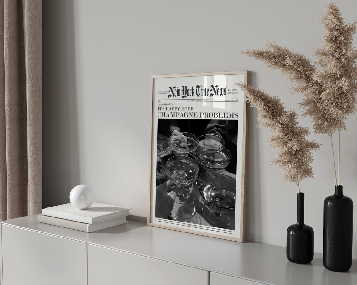 Preppy Newspaper Champagne Poster, Retro Happy Hour Art Print - Image 2