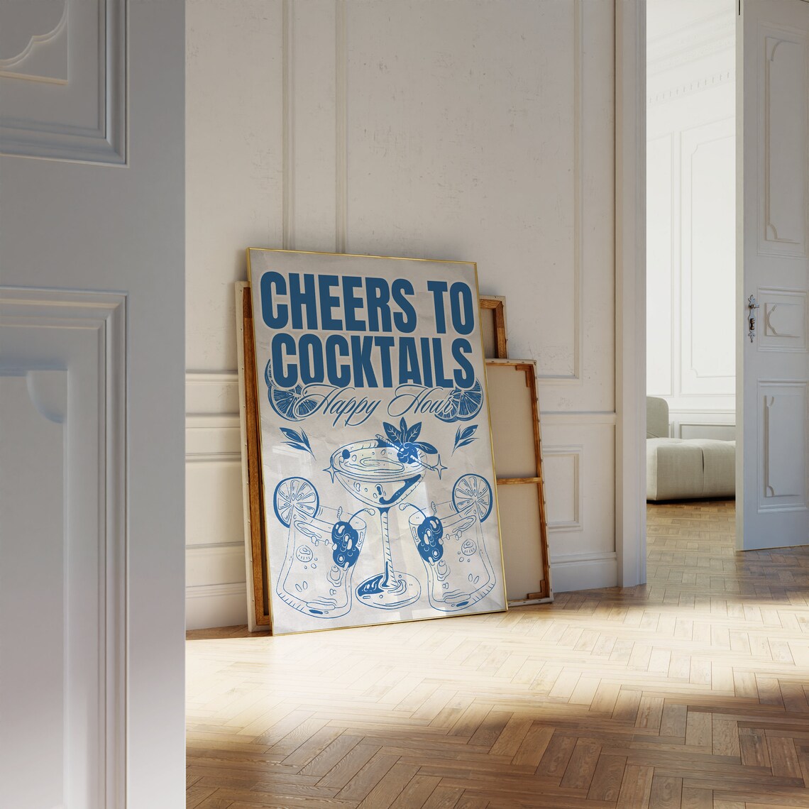 Cheers to Cocktails Happy Hour Poster Blue Hand Drawn Martini Bar Scene Decor - Image 2