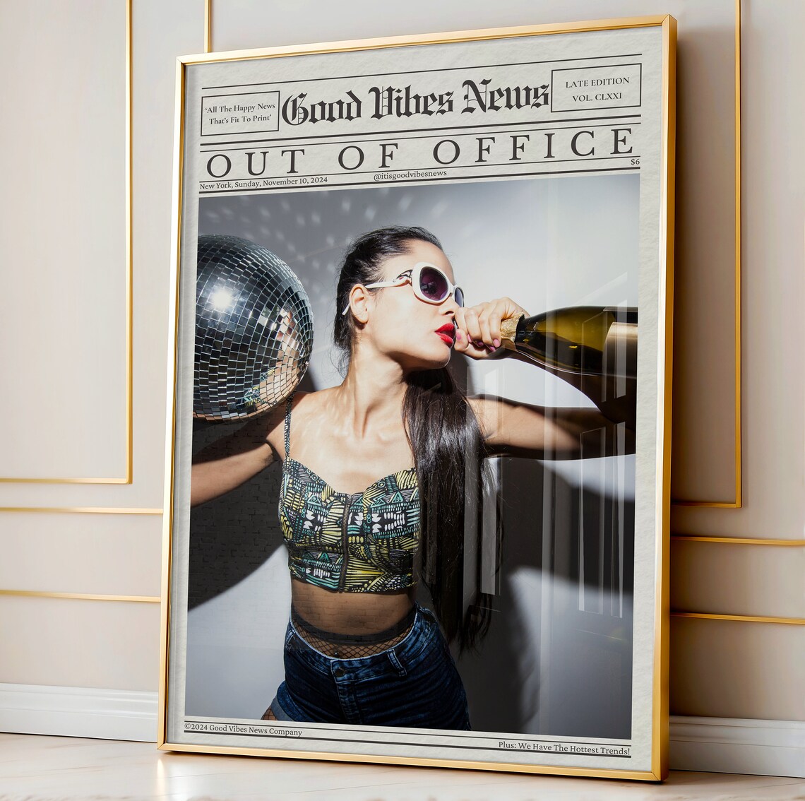 Out Of Office Wall Art Trendy Newspaper Print Champagne Disco Ball Poster Good Vibes News Art Bar Cart Art - Image 3