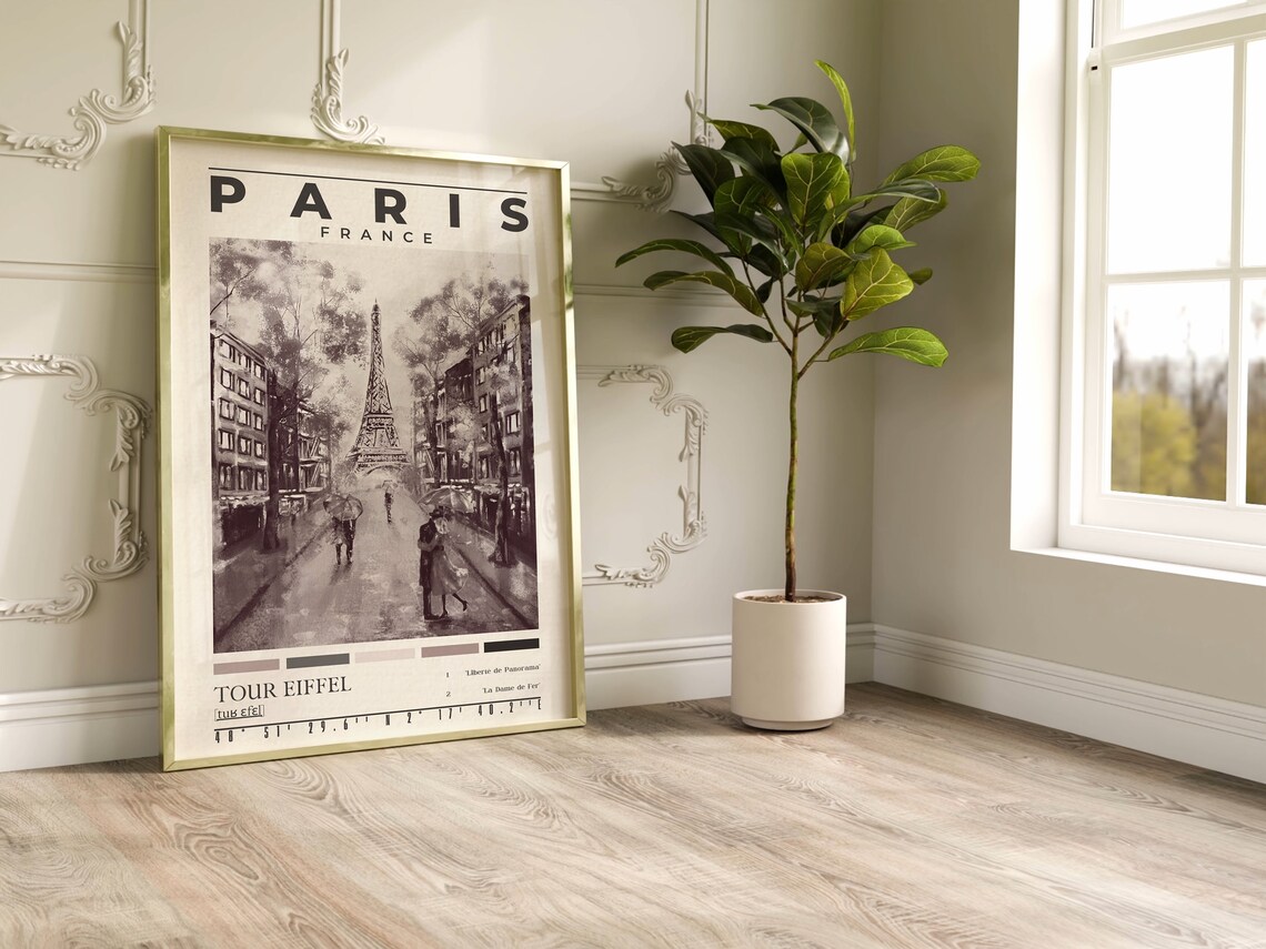 Paris France Eiffel Tower Black White Oil Painting Travel Poster - Image 3
