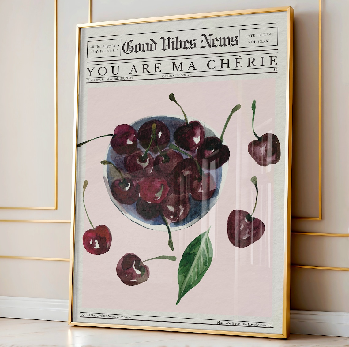 You Are Ma Cherie Cherry Watercolor Newspaper Good Vibes Poster - Image 3
