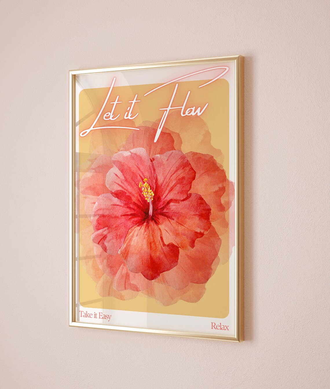 Let It Flow Hibiscus Watercolor Mustard Yellow Floral Zen Poster - Image 2