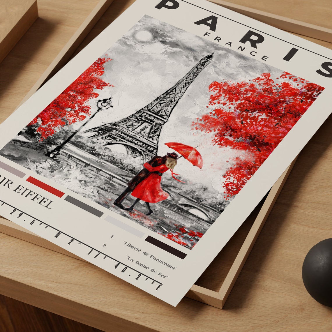 Romantic Paris Couple Red Umbrella Eiffel Tower Oil Painting Poster - Image 3