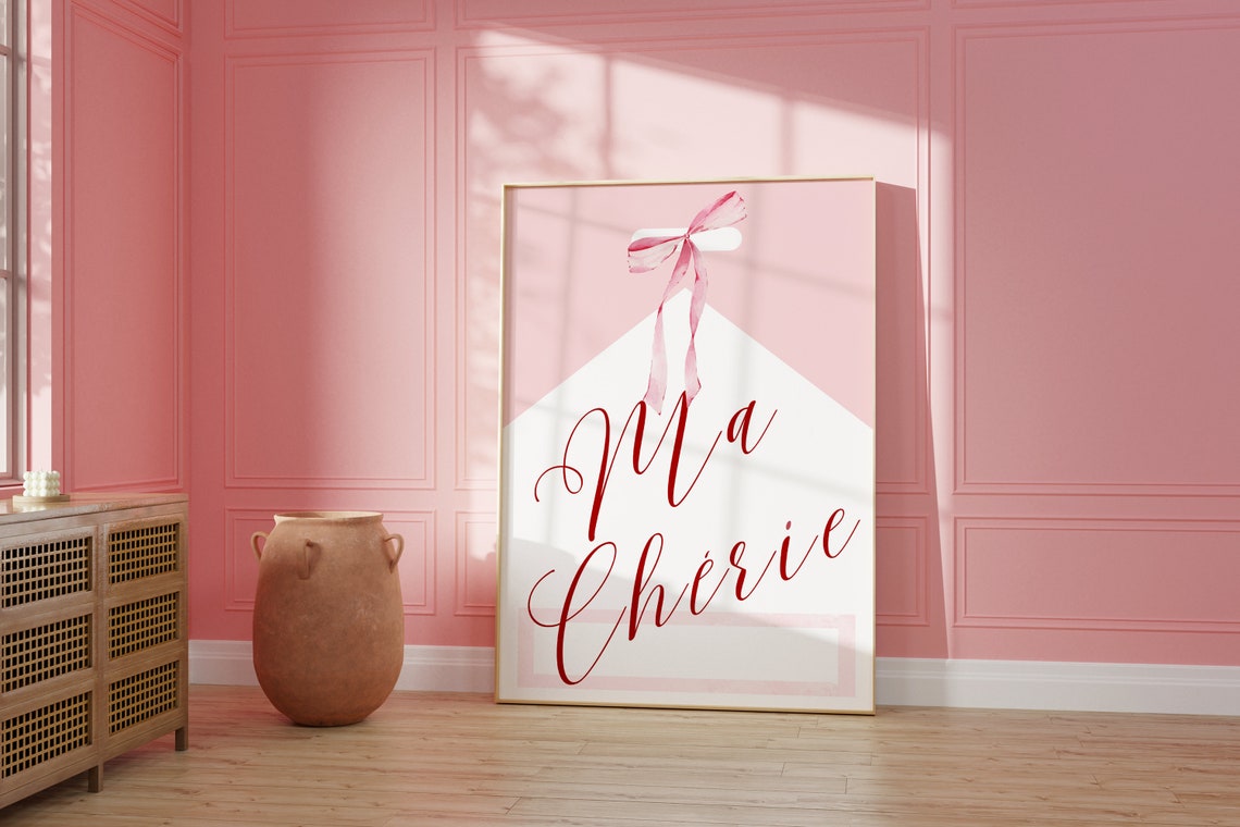 Ma Cherie Pink Bow Script Typography Poster Girly Coquette Art - Image 2