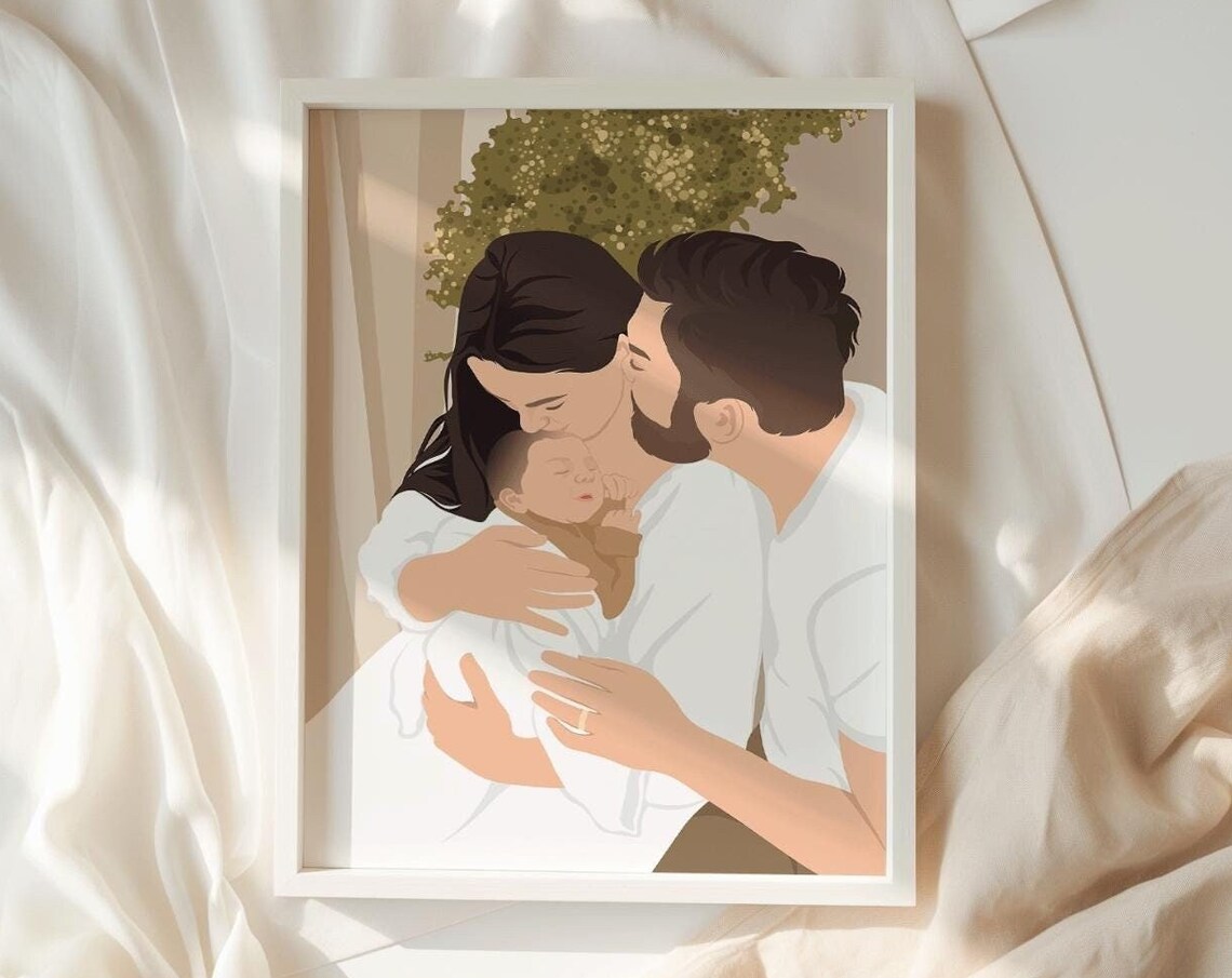 Personalized Parents And Newborn Family Portrait Illustration Poster