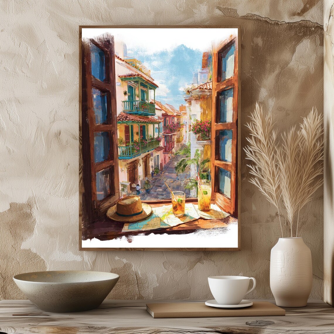 Cartagena Tropical Street Window View Citrus Cocktails Art Poster