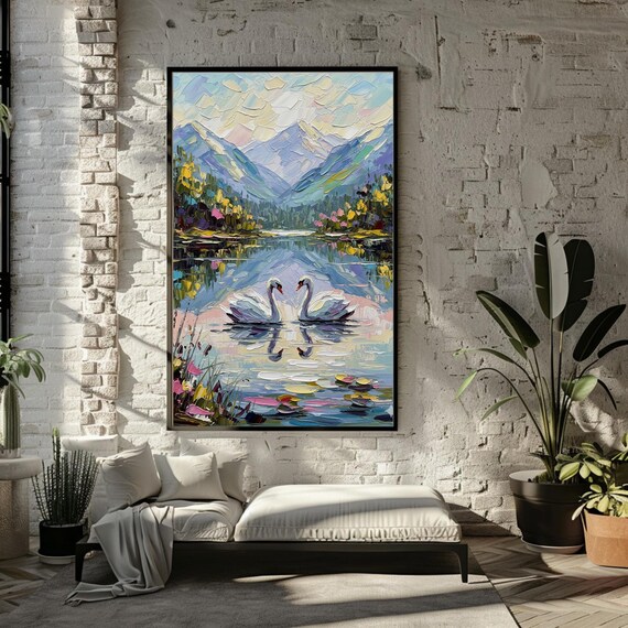 Swans on Mountain Lake Impressionist Oil Painting Nature Art Poster