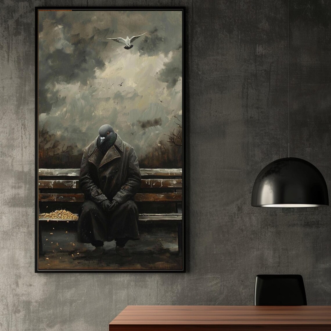 Pigeon Trench Coat Park Bench Whimsical Contemplative Poster