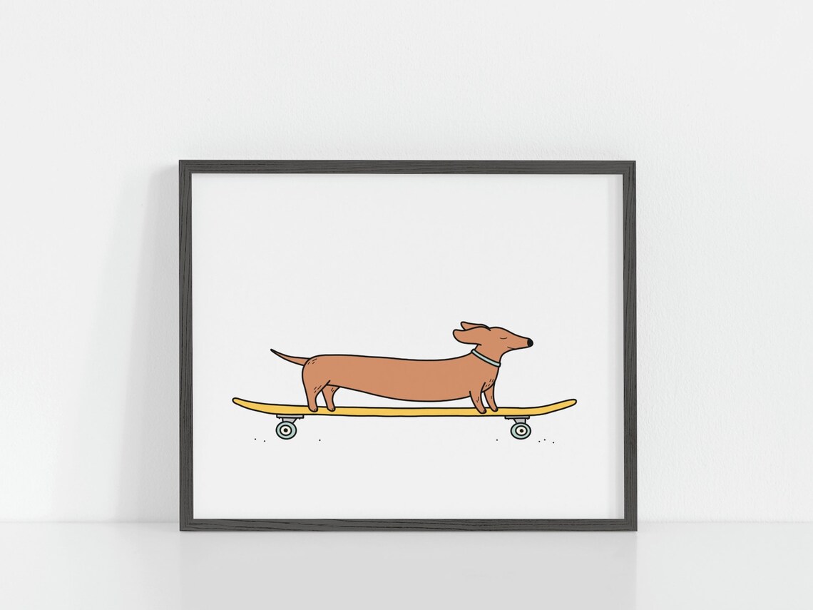 Wiener Dog Skateboarding Poster, Dachshund Illustration