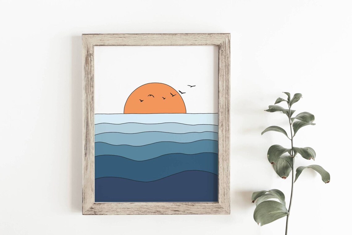 Sunset Ocean Poster, Mid-Century Abstract Landscape - Image 3