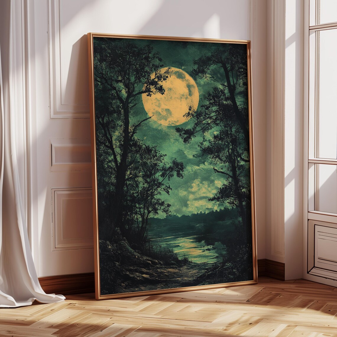 Mystical Forest Moonrise Landscape, River Night Scene