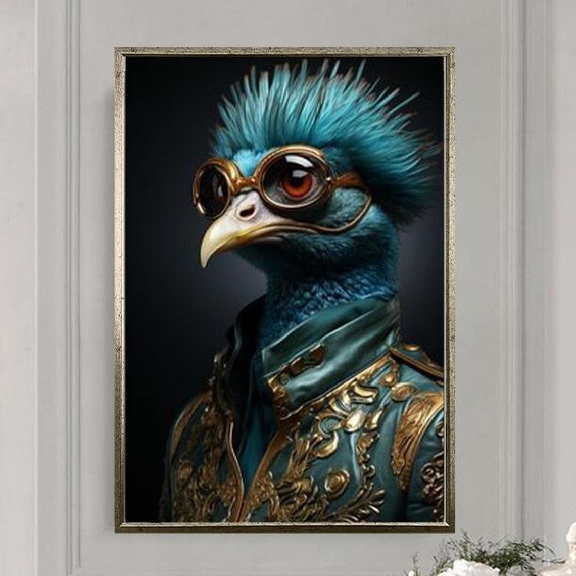 Steampunk Blue Bird with Aviator Goggles Military Portrait Poster