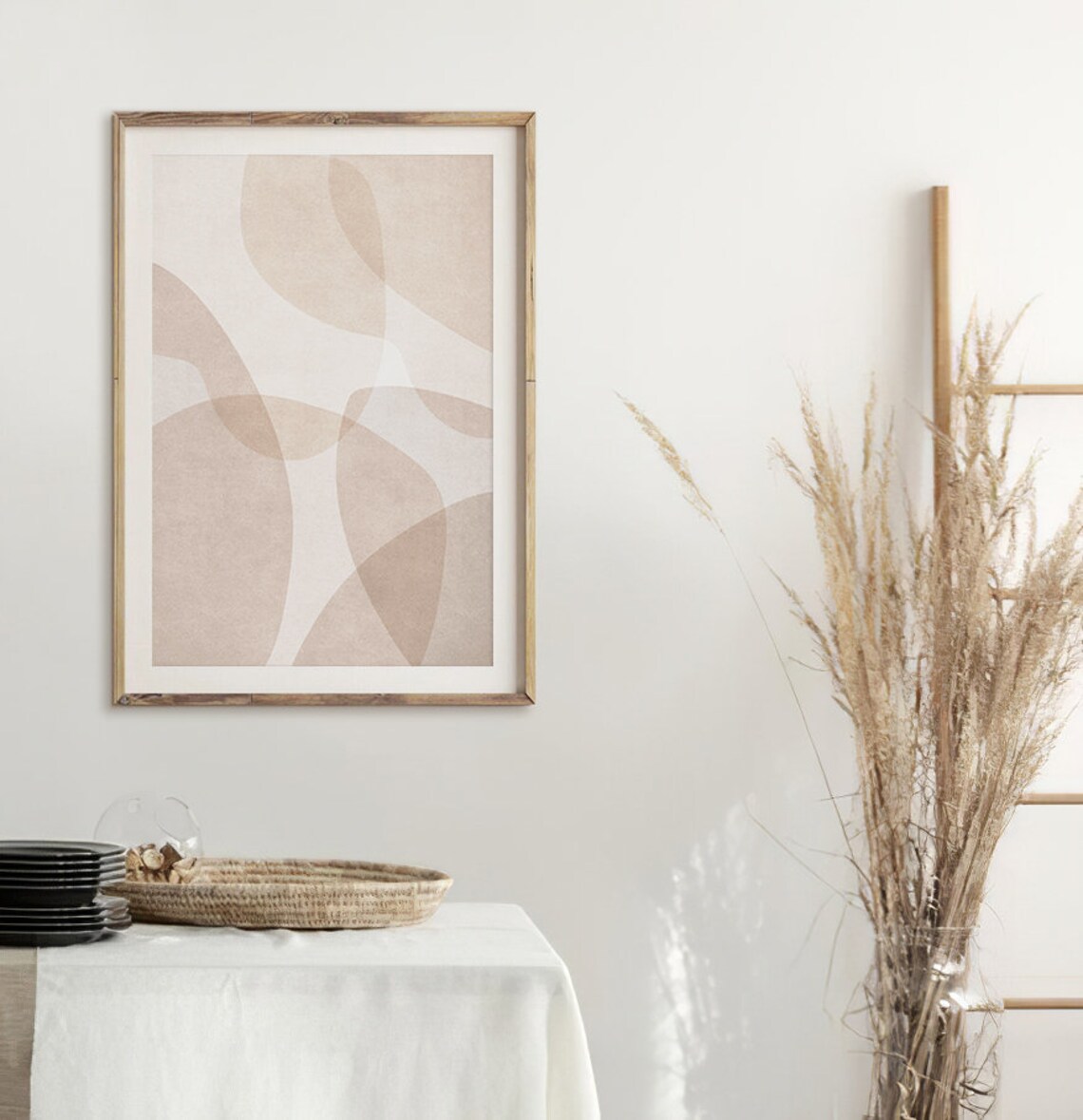 Beige Cream Abstract Curved Shapes Mid Century Modern Wall Art - Image 2