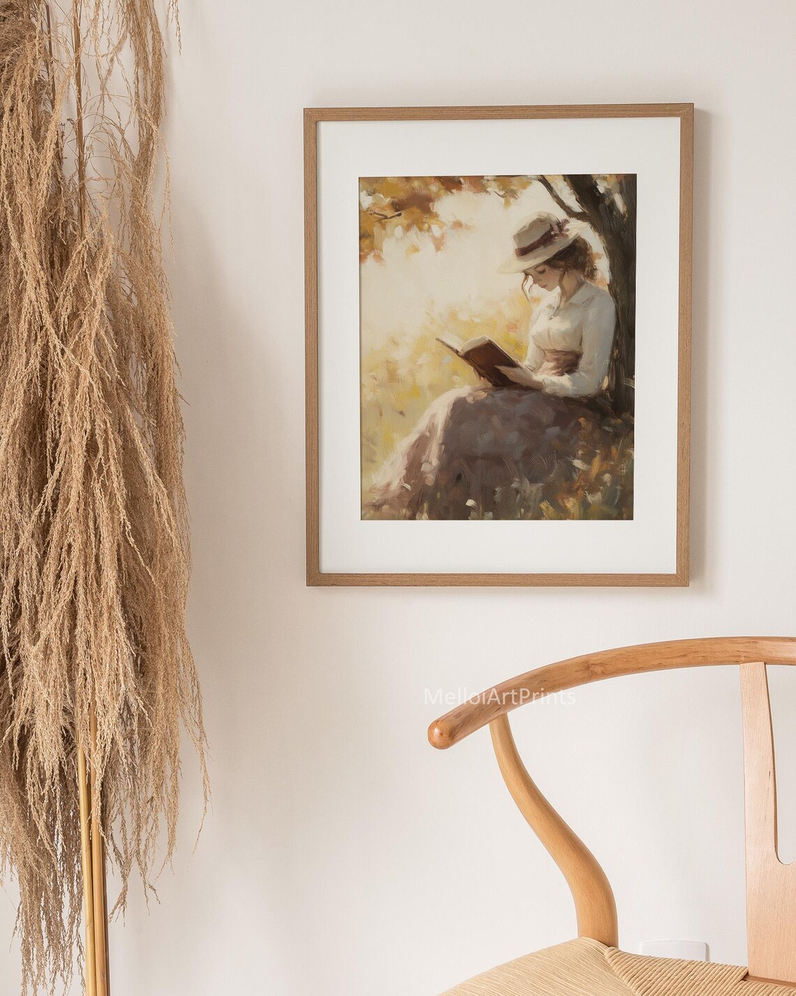 Woman Reading Under Autumn Tree Vintage Oil Painting Cozy Poster - Image 3