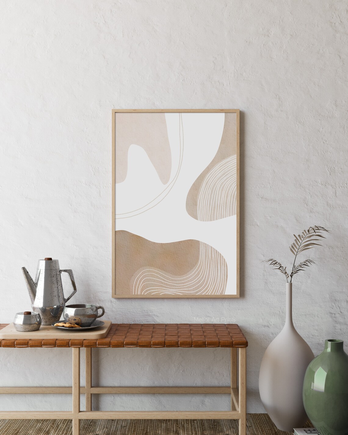Beige Organic Abstract Shapes with Fine White Line Art Poster - Image 2