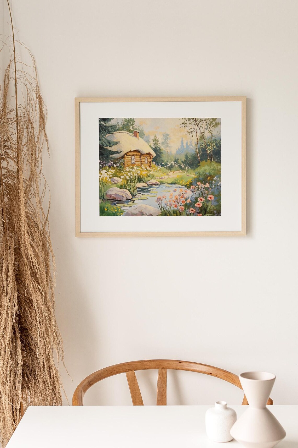 Log Cabin by Wildflower Pond Cozy Cottage Storybook Oil Painting Poster - Image 3