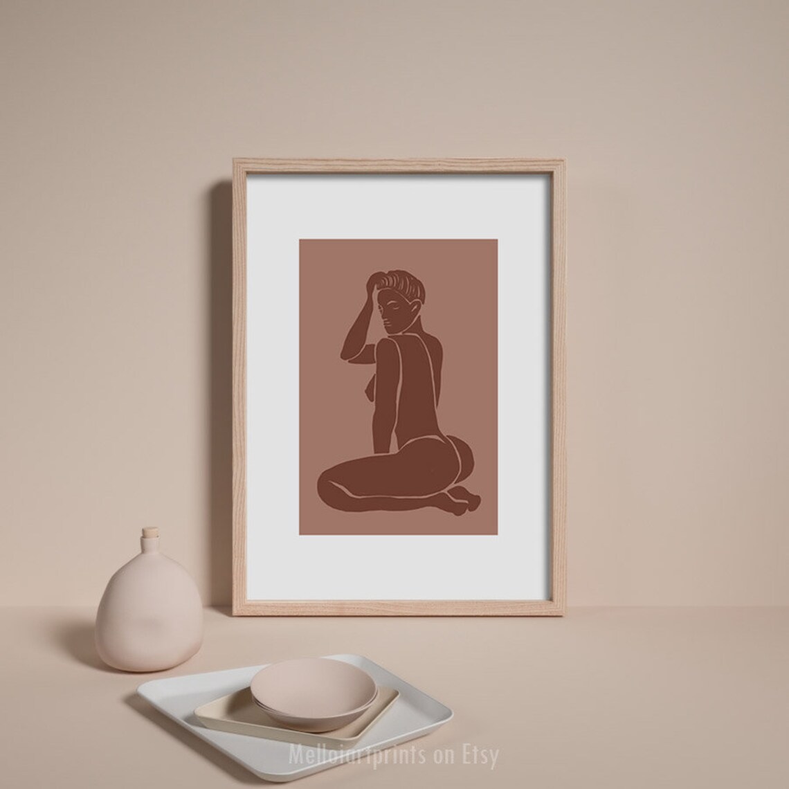 Terracotta Seated Woman Silhouette Dusty Rose Figure Wall Art - Image 3