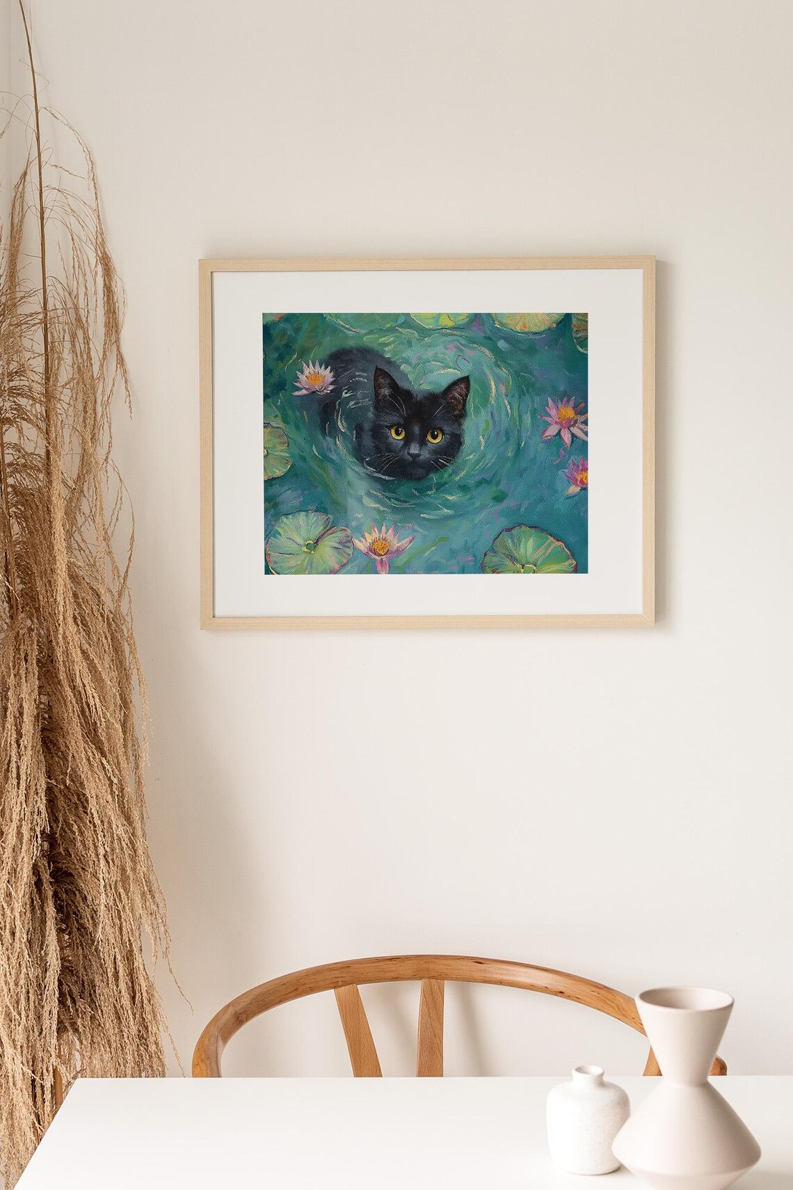 Black Cat Water Lilies Pond Impressionist Oil Painting Poster - Image 2