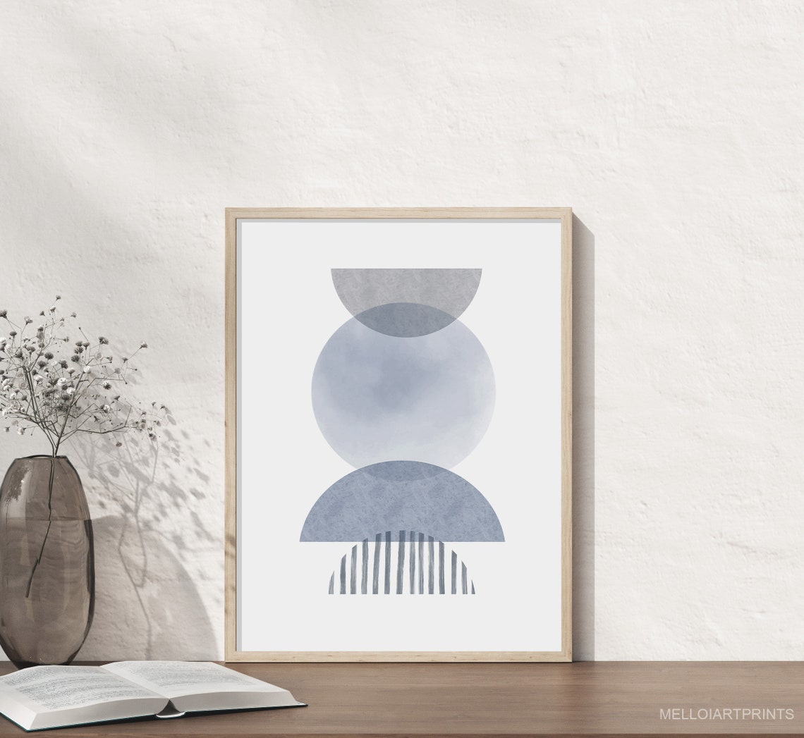 Blue Gray Geometric Half Circles Stacked Minimalist Abstract Poster