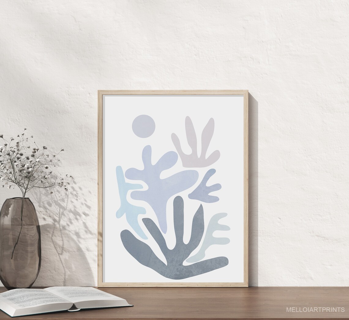 Blue Gray Coral Cutout Shapes Coastal Abstract Modern Wall Poster