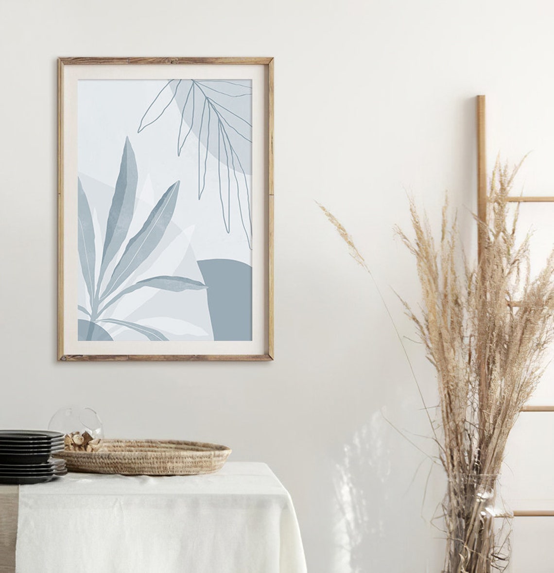 Dusty Blue Botanical Leaves Line Art Coastal Modern Wall Poster - Image 2