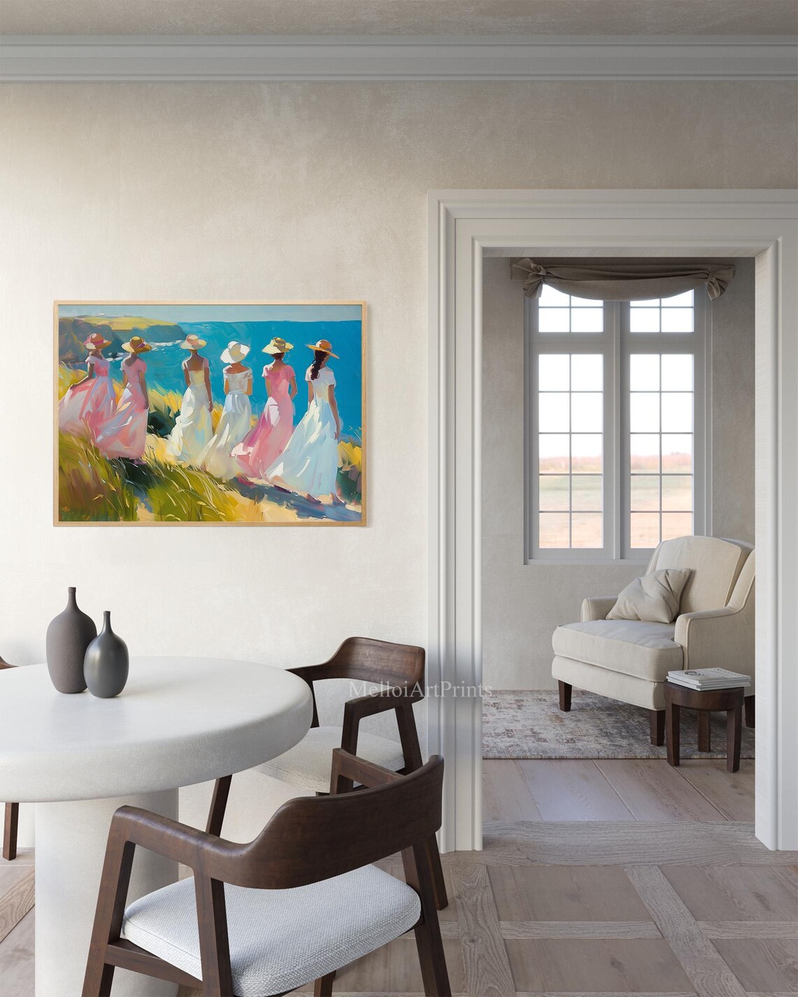 Pastel Dresses Women Walking To Sea Coastal Cliffs Oil Paint Poster - Image 3