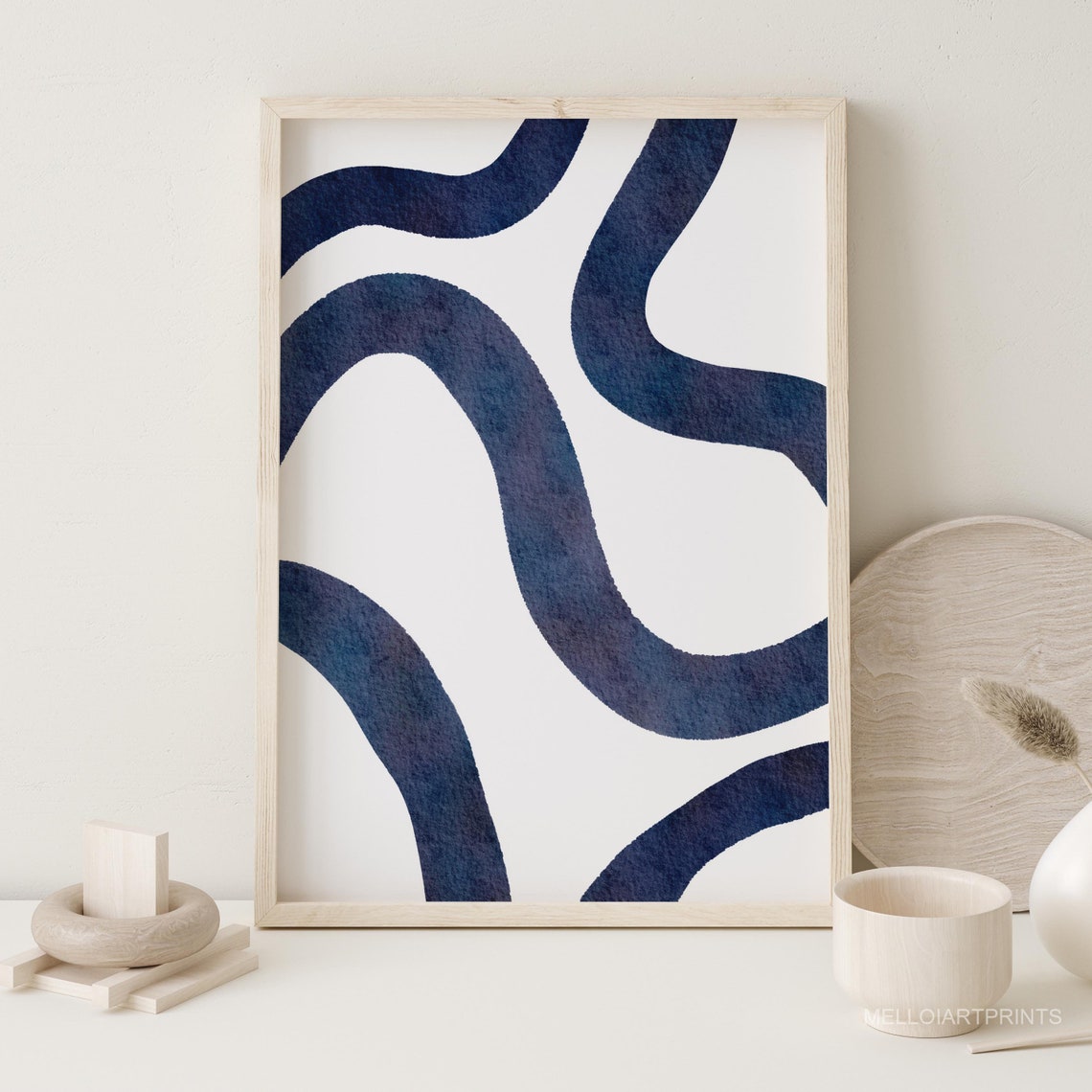 Navy Blue Flowing Curved Lines White Abstract Watercolor Poster