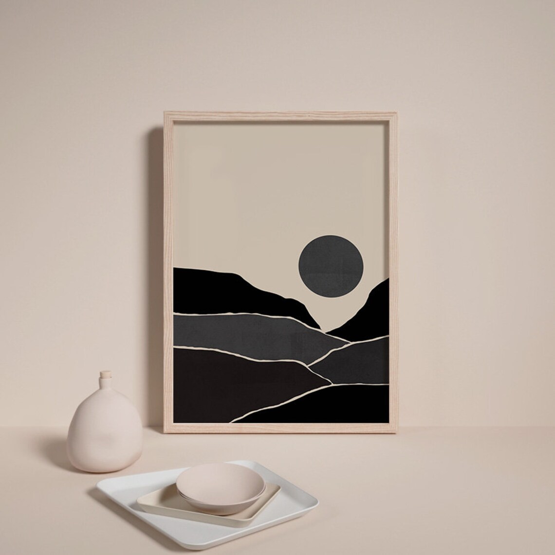 Monochrome Mountain Landscape Art Black Hills Beige Sun Wall Poster - Image 2