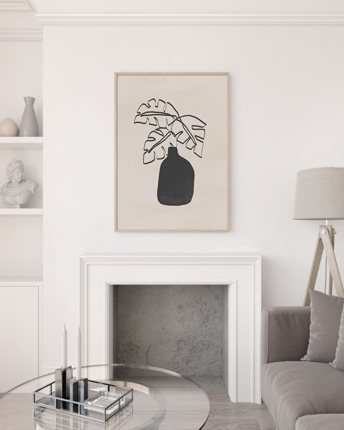 Black Vase with Monstera Leaves Line Art Beige Botanical Poster - Image 2