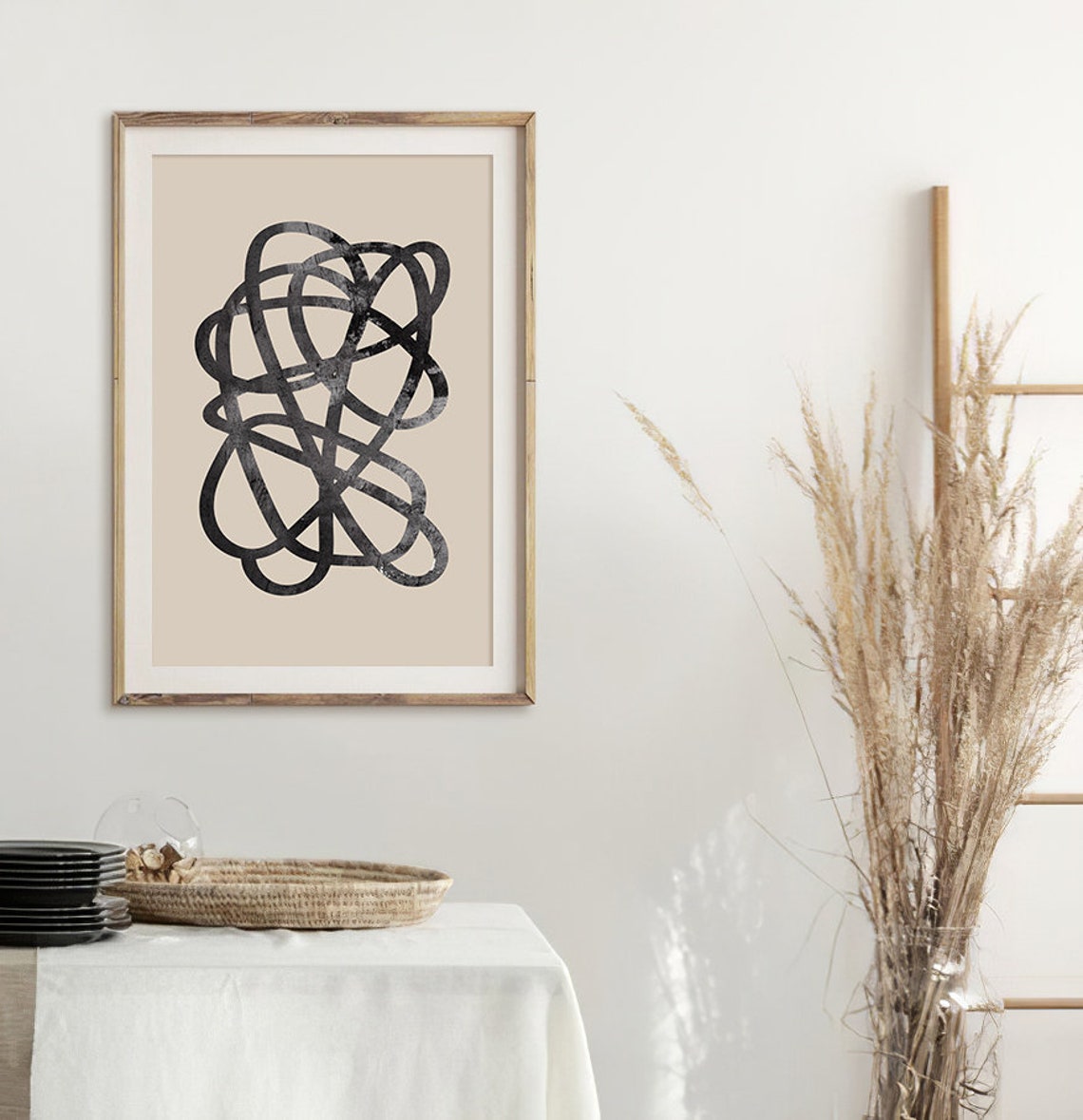 Tangled Black Scribble Loops Beige Modern Abstract Line Art Poster - Image 2