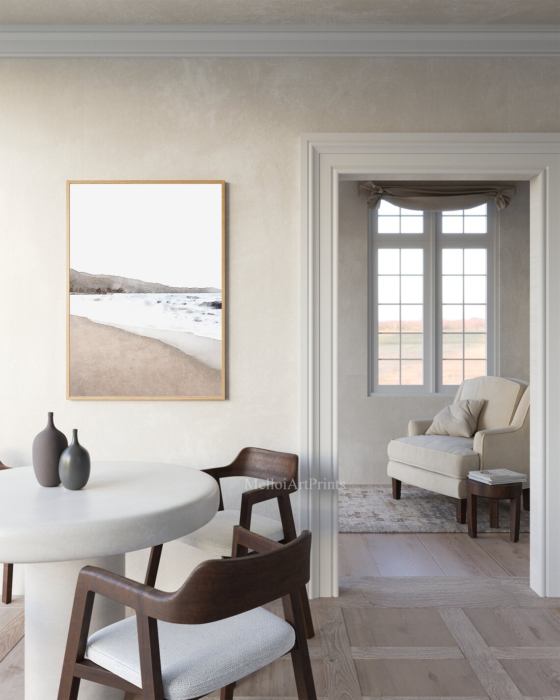 Calm Beach Seascape Beige Watercolor Minimalist Coastal Wall Art - Image 2