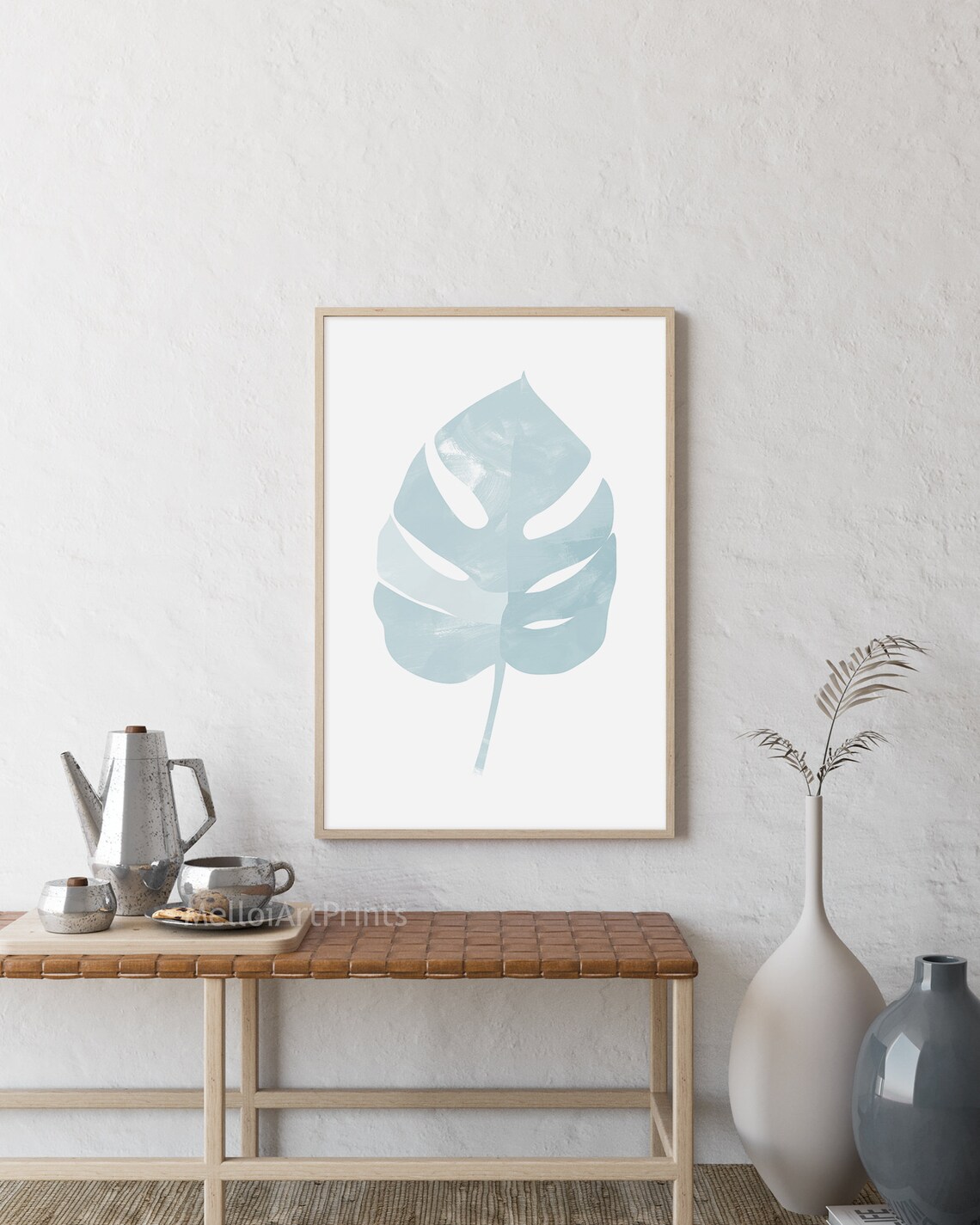 Dusty Blue Monstera Leaf Watercolor Minimalist Botanical Art Poster - Image 2