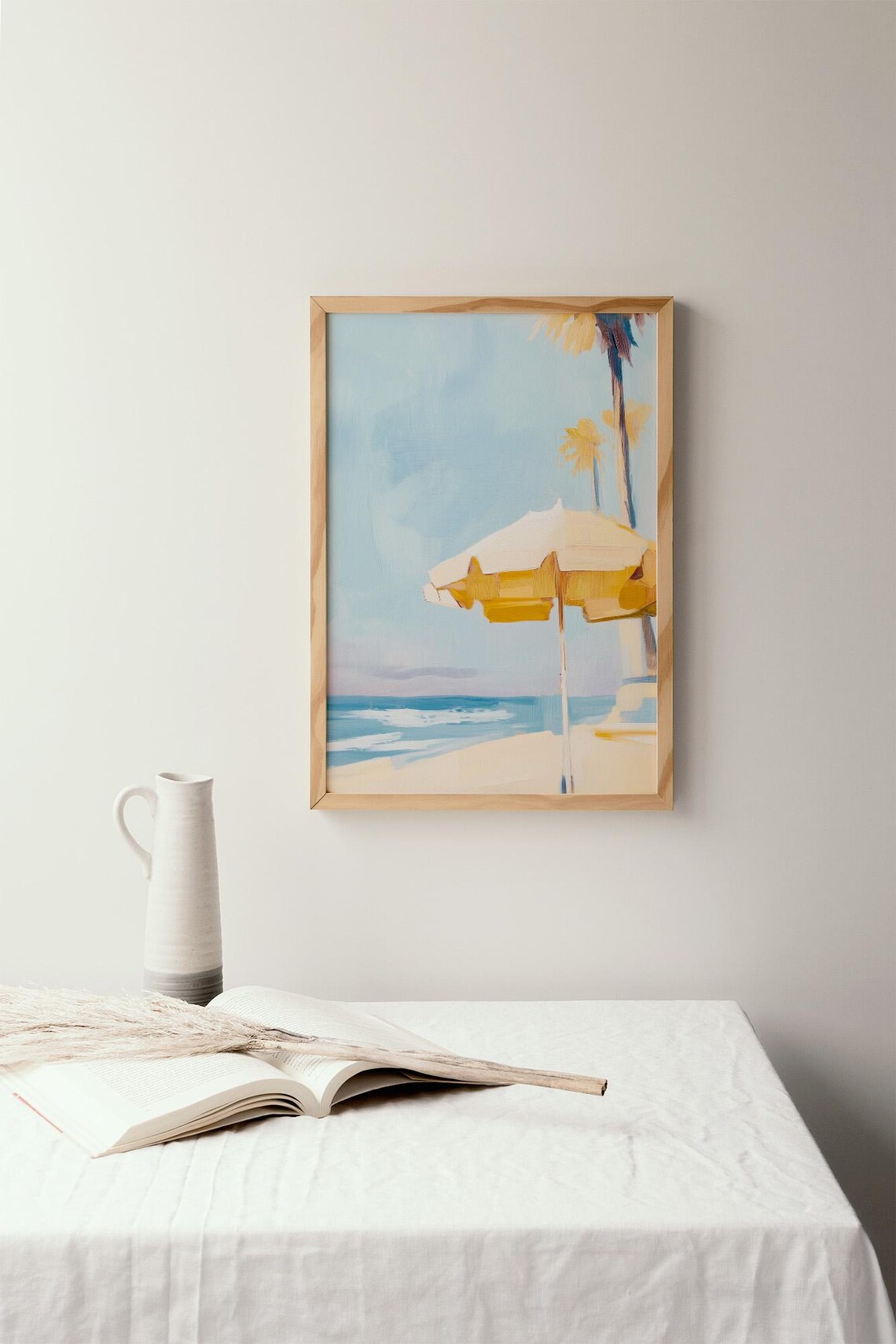 Tropical Beach Umbrella Palm Trees Ocean Minimalist Painting Poster - Image 2