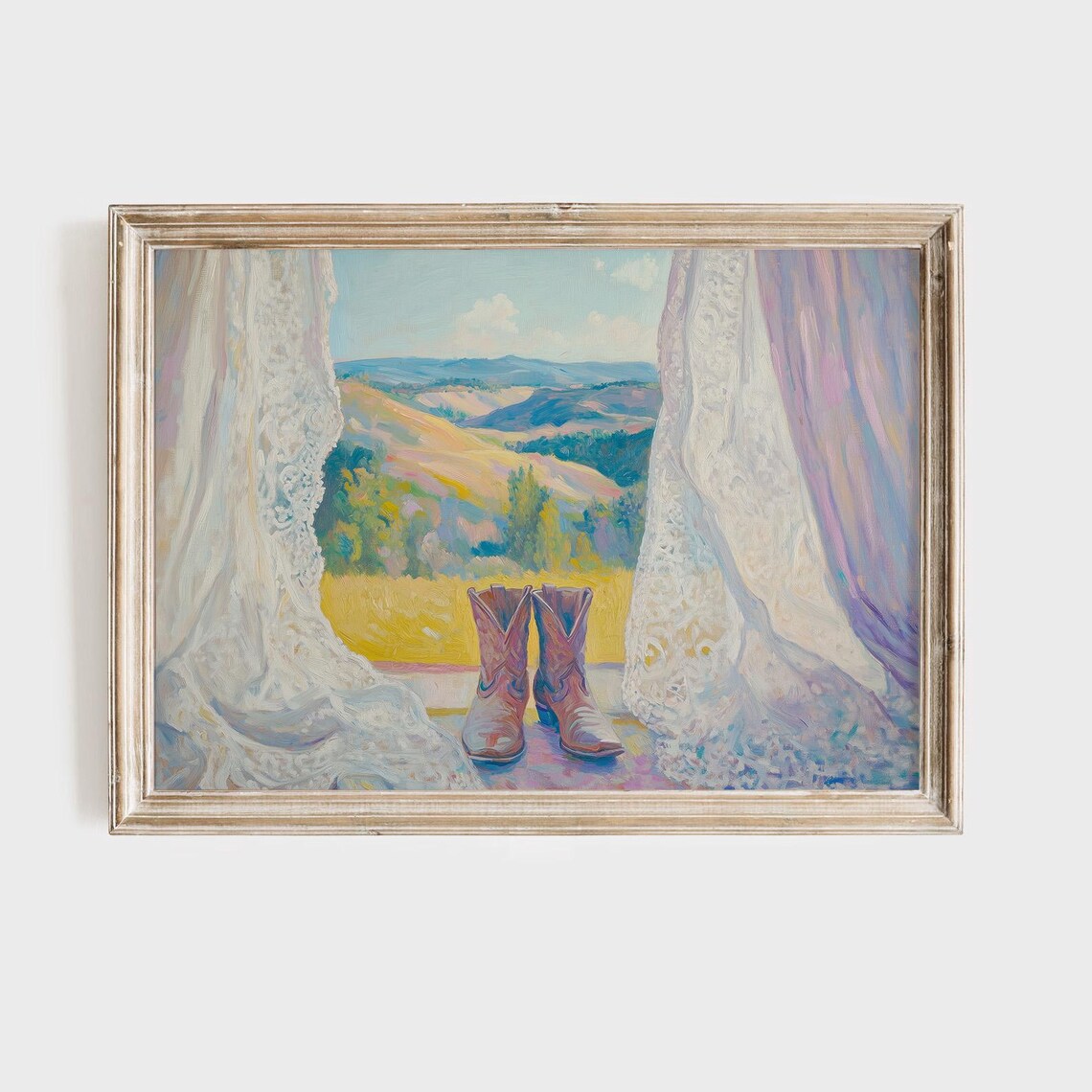 Cowboy Boots on Windowsill Lace Curtains Hills View Western Art Poster