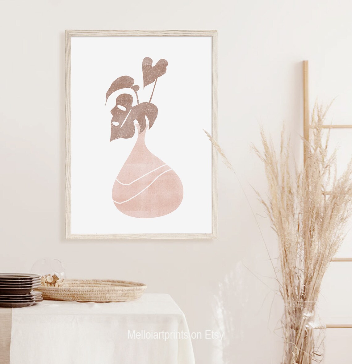 Taupe Monstera Leaf in Pink Vase Minimalist Botanical Art Poster - Image 3